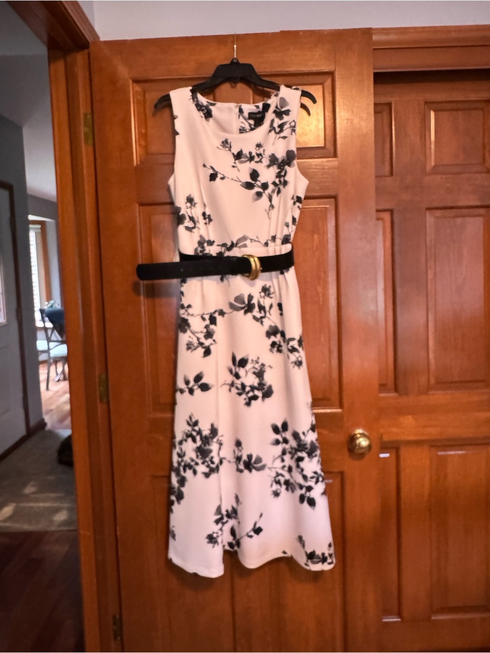 Donna Karan White Maxi Dress with Black Floral Print